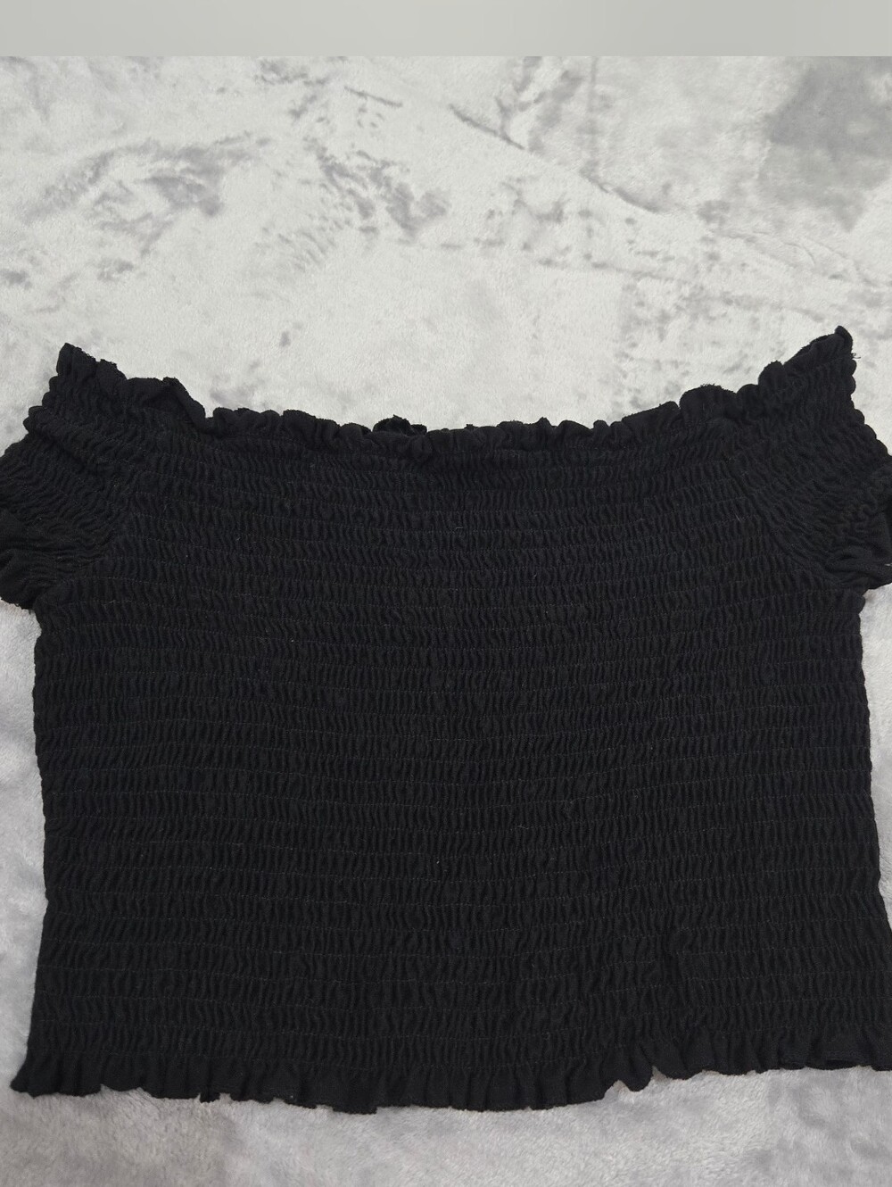 Double Zero Black Smocked Off-Shoulder Crop Top Sz Large Ruffle Hem Stretch